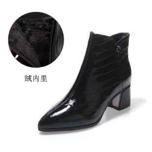 2025 New Autumn and Winter Pointed Toe Shiny Leather Short Boots for Women, Patent Leather Chunky Heel Shoes, Mid-High Heel Plush Ankle Boots, Martin Boots - Black velvet lining