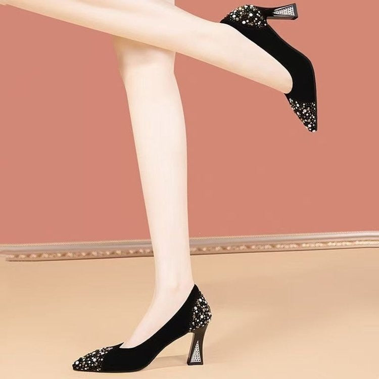 Branded genuine leather rhinestone pointed toe chunky heel women's shoes 2026 new fashion comfortable versatile work shoes for all seasons