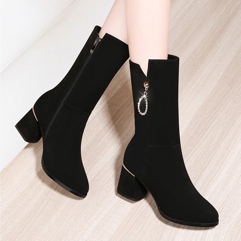 2025 New Style Over-The-Knee Mid-Calf Boots for Women in Autumn and Winter Fashion Fleece-Lined Warm Nubuck Leather Mid-Heeled Boots Long Boots - Black plus velvet