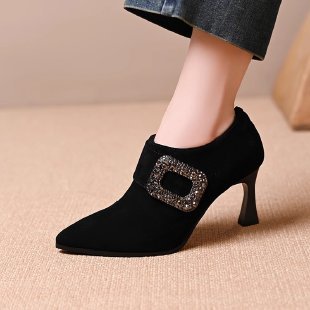 High Heels, Stiletto Heels, Deep Mouth Women's Shoes, 2025 Autumn and Winter Black Suede Diamond Buckle Pointed Toe Side Zipper Ankle Boots Nude Boots - Black-5cm