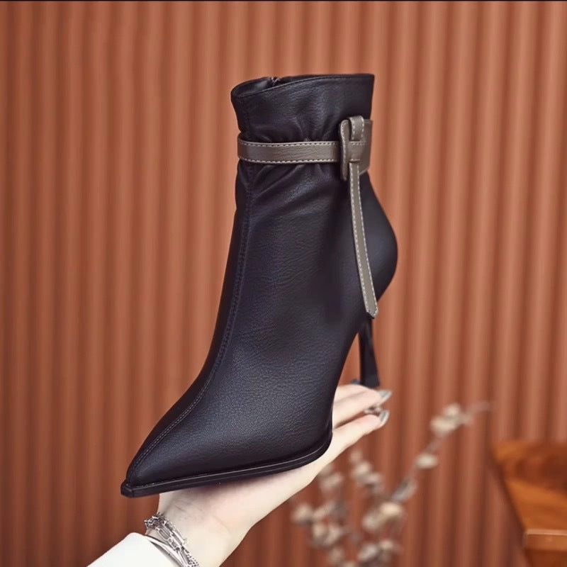 European and American Style Stiletto Short Boots for Women, Martin Boots, 2025 Autumn and Winter New Style, Velvet Pointed Toe High Heels, Fashion Slim Boots