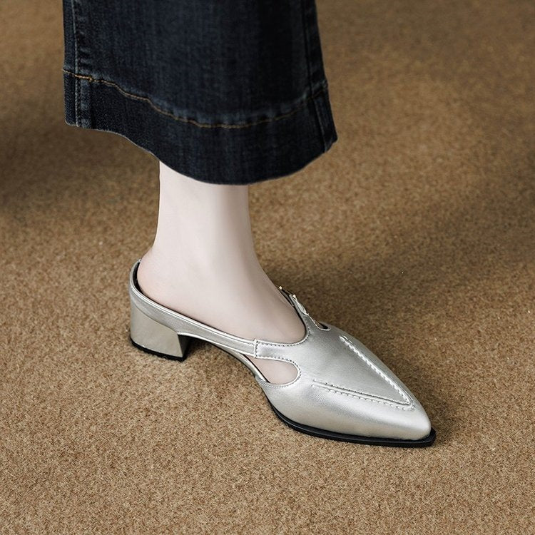 Brand Genuine Leather Closed-Toe Mules for Women, 2026 Summer New Style, Outdoor Wear, Chunky Heel, Metal Slip-On Sandals