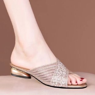 Genuine Leather Mesh Rhinestone Flat Sandals for Women, Summer 2026 New Style, Elegant Peep-Toe Low-Heel Slip-On Mules - Gold