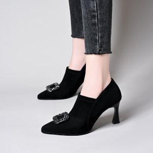 High-Heeled Deep-Cut Women's Short Boots 2025 Autumn and Winter New Diamond Buckle Black Suede Pointed Toe Elastic Ankle Boots Nude Boots - Black - heel height 5cm