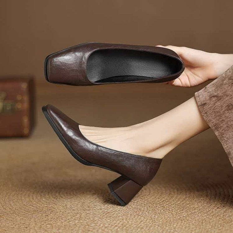 Soft Sheepskin French Retro Black High-Heeled Shoes for Women, New Spring and Autumn Style, Genuine Leather Shallow Mouth Elegant Chunky Heel Single Shoes, Commuter Shoes
