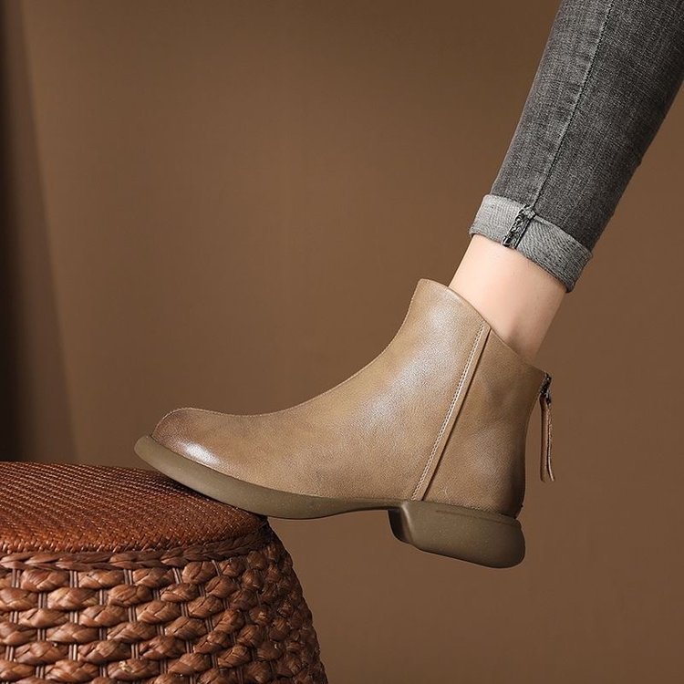 Soft Leather Retro Style Short Boots for Women 2026 Autumn and Winter New Style Back Zipper Women's Boots Non-Slip Soft Sole Fleece-Lined Boots for Women