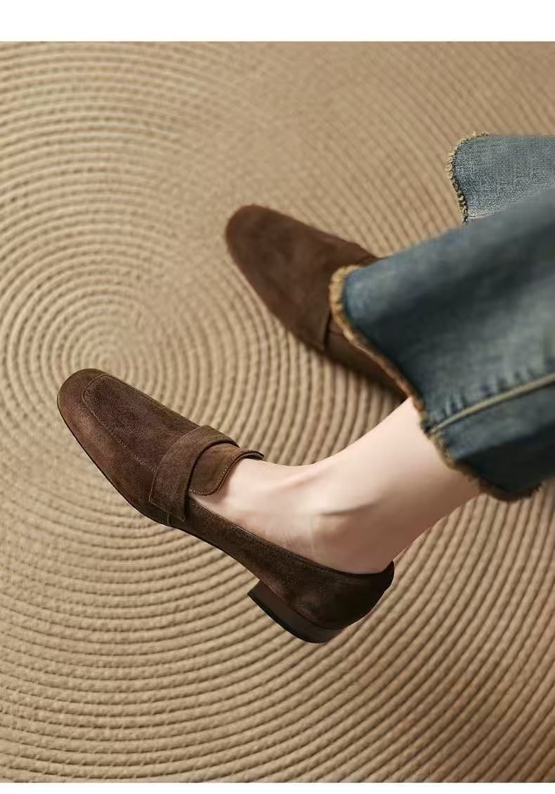 Suede Loafers for Women 2026 New Spring Soft-Soled Thick-Heeled Square-Toe Retro Commuter Spring and Autumn Versatile Women's Shoes - Brown