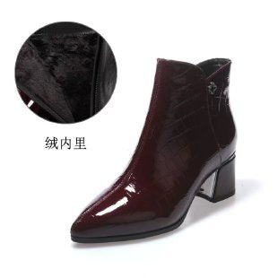 2025 New Autumn and Winter Pointed Toe Shiny Leather Short Boots for Women, Patent Leather Chunky Heel Shoes, Mid-High Heel Plush Ankle Boots, Martin Boots - Burgundy fleece-lined