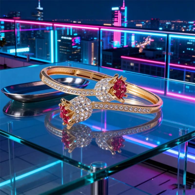 Rose Zircon Bracelet for Women, Open Cuff Luxury Bangle with Crystal Flower Design and Elegant Adjustable Fashion Jewelry