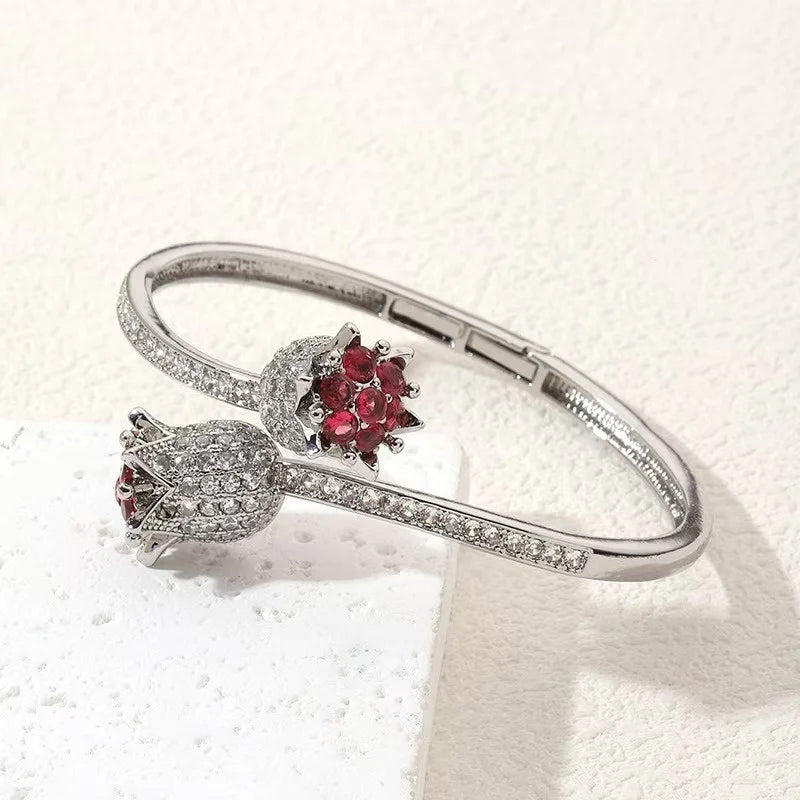 Rose Zircon Bracelet for Women, Open Cuff Luxury Bangle with Crystal Flower Design and Elegant Adjustable Fashion Jewelry